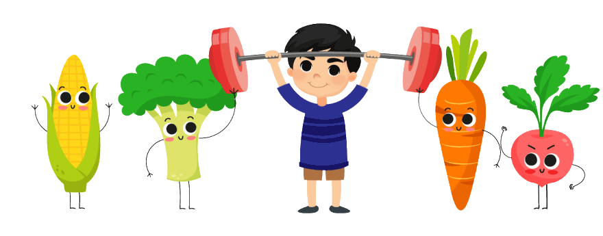 Niño levantando pesas con vegetales al lado