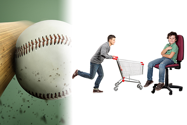Pelota de baseball y chico empujando carrito de supermercado