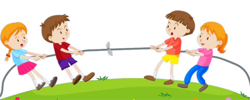 Dos niños y dos niñas jugando a tirar la cuerda Dos niños y dos niñas jugando a tirar la cuerda