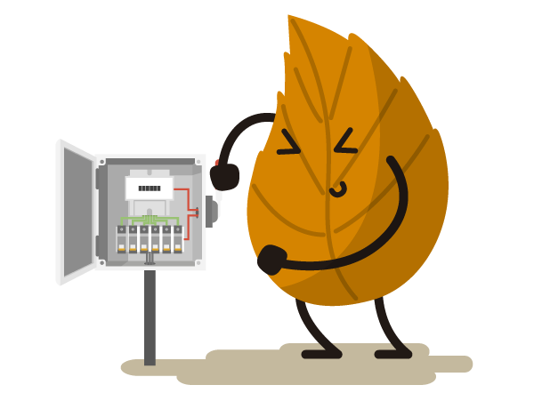Personaje hoja trabajando con energía eléctrica