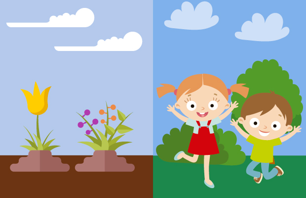 Plantas usan energía del sol, niños usan energía para jugar