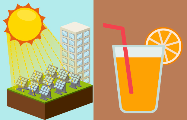 Energía solar, celdas. Jugo de naranja energético