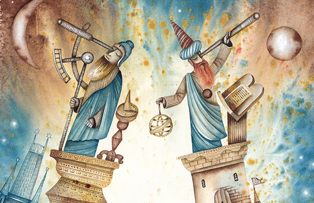 Ilustración de astrónomos mirando las estrellas
