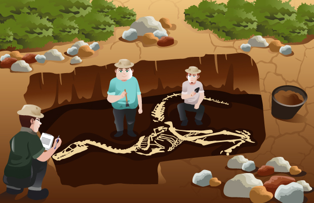 Grupo de paleontólogos encontrando restos de un dinosaurio