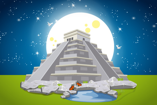 Pirámide maya en la noche con Luna de fondo
