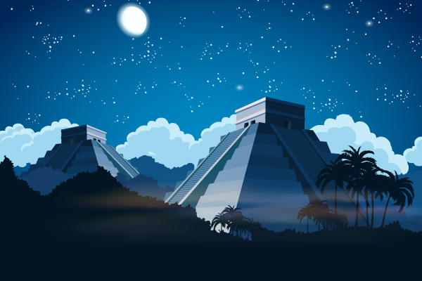 Pirámides aztecas en la noche con la Luna de fondo
