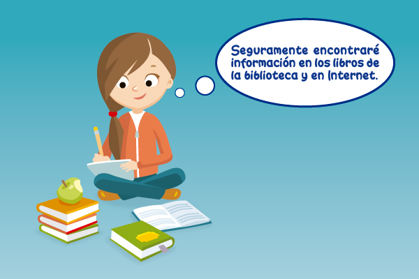 Niña buscando información en libros