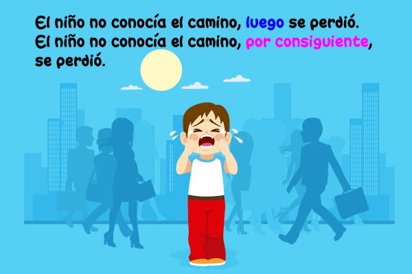 El niño no conocía el camino, luego se perdió. El niño no conocía el camino, por consiguiente, se perdió.