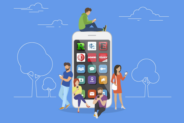 Personas rodeando celular de gran tamaño con varias aplicaciones instaladas.