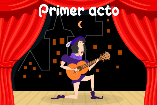 Teatro Escena Primer Acto Cantante Trovador Juglar Guitarra Mandolina Escenografía Noche