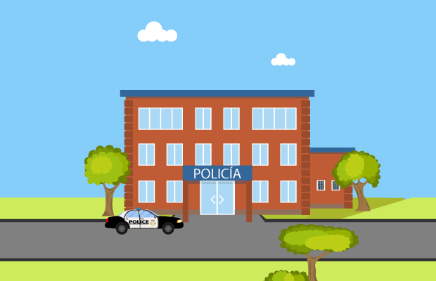 Edificio, policía, oficina, patrulla, calle, árboles