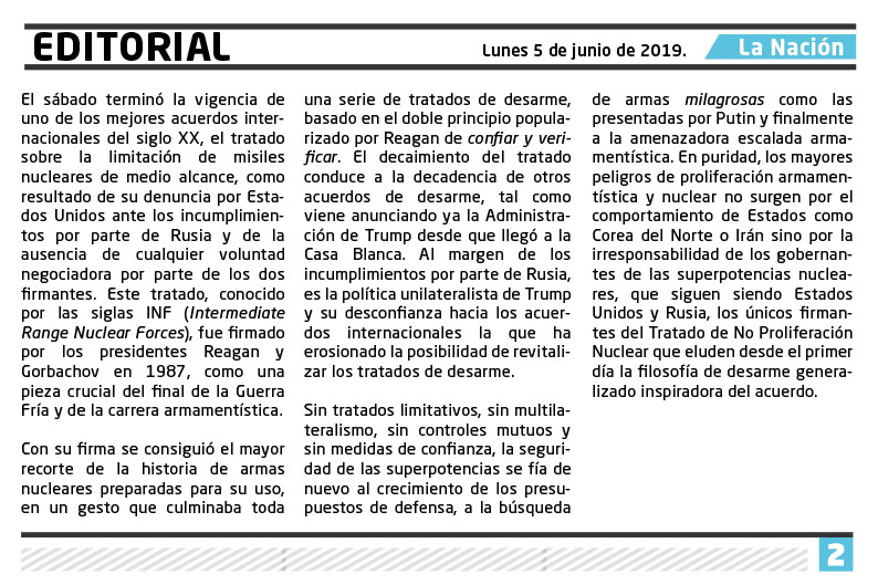 Ejemplo Texto Periodístico Editorial Fin de la vigencia del tratado sobre la limitación de misiles entre Estados Unidos y Rusia
