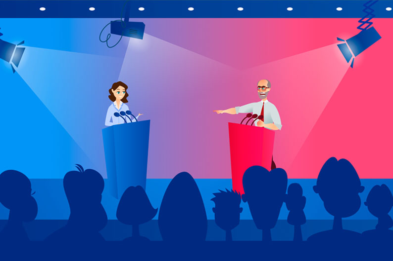 Debate Participantes Foro Público Argumentos Microfonos Panel Luces