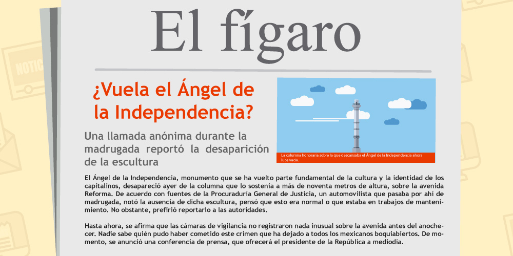 Periódico El fígaro. Noticia: ¿Vuela el Ángel de la Independencia?