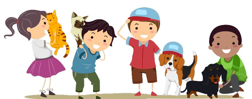 Niños y niñas jugando con perros y gatos, sus mascotas. / Niña: Niños y niñas jugando con perros y gatos, sus mascotas. / Niña: "Él juega con el perro." / Niño a gato: "Yo te quiero." / Niño