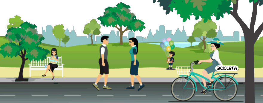 PARQUE PERSONAS CIUDAD SUSTANTIVOS ANA JORGE  ÁRBOL GLOBO  FAMILIA NIÑO BICICLETA