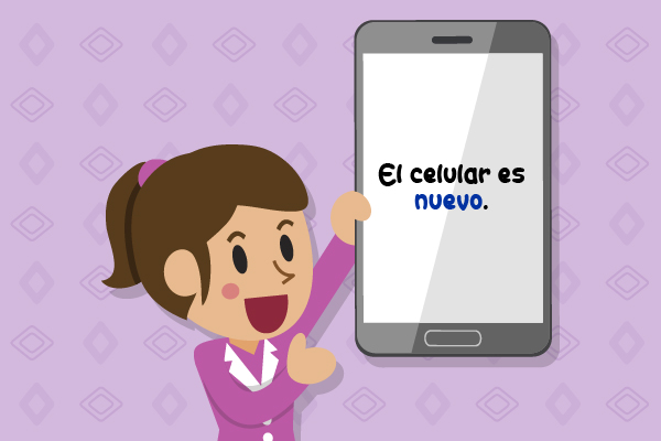Niña mostrando teléfono celular que dice en la pantalla El celular es nuevo