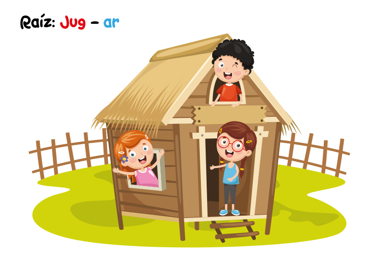 Niños Amigos Juego Casa Madera Cabaña Puerta Ventana Asomar Jardín Raíz Verbo Jugar