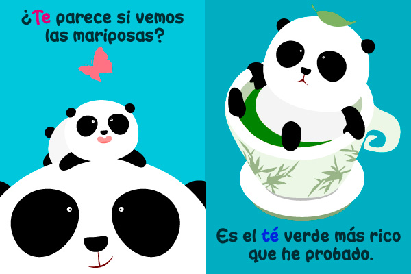 Oso, panda, madre, hijo, mariposa, té, verde, taza, dentro