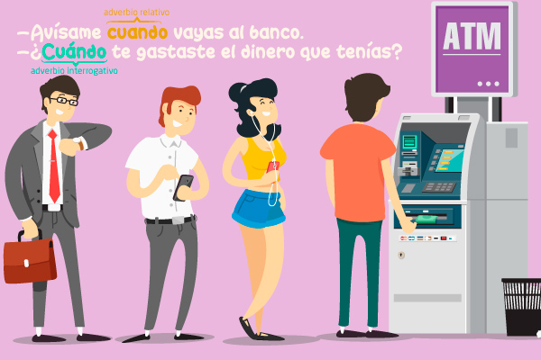 Hacer fila, cajero, automático, cola, mirar el reloj, ver el celular, escuchar música