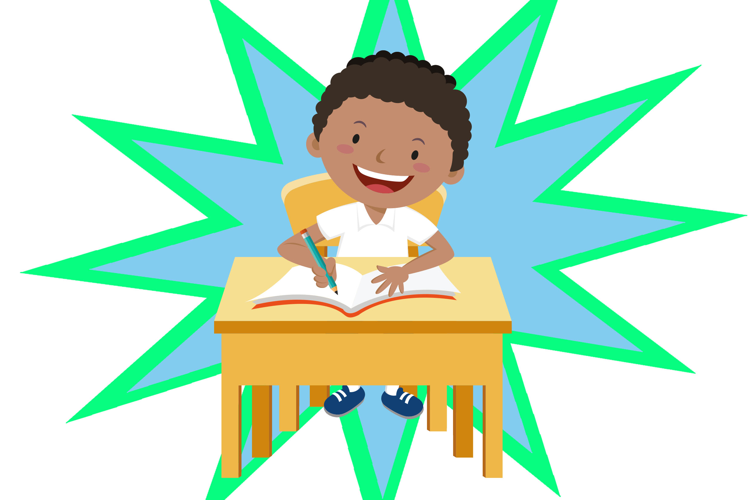 Alumno Silla Mesa Escribir Sonrisa Feliz Cuarno