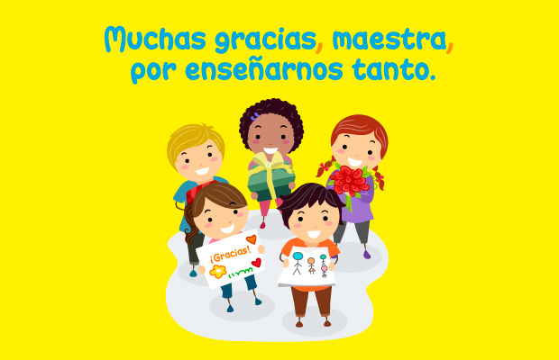 En medio niños agradeciendo a maestra