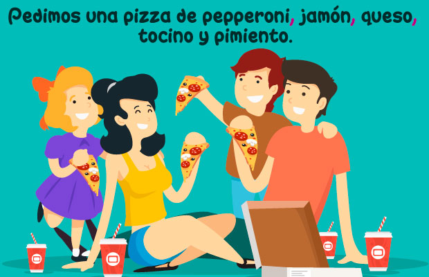 Pedimos una pizza de pepperoni, jamón, queso, tocino y pimiento.