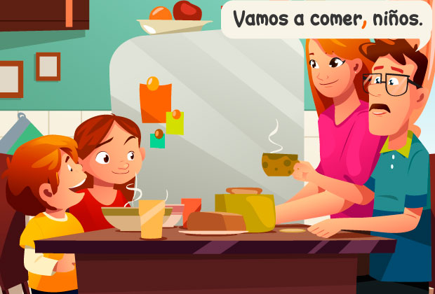 Familia de padre, madre, hijo e hija desayunando. El padre dice: "Vamos a comer, niños."