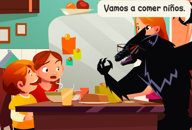Lobo, madre, hijo e hija desayunando. El lobo dice: "Vamos a comer niños."