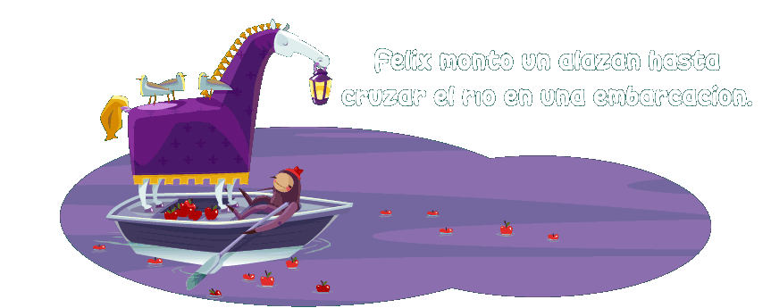 Personaje con un caballo, manzanas y tres pájaros cruzando el agua en bote. Enunciado: Personaje con un caballo, manzanas y tres pájaros cruzando el agua en bote. Enunciado: "Félix montó un alazán hasta cruzar el río en una embarcación".