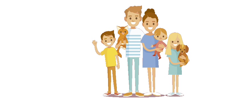 Familia de padre, madre, dos hijas, un hijo, un perro y un gato. El hijo dice: Familia de padre, madre, dos hijas, un hijo, un perro y un gato. El hijo dice: "El perro de mi hermana es muy ruidoso".