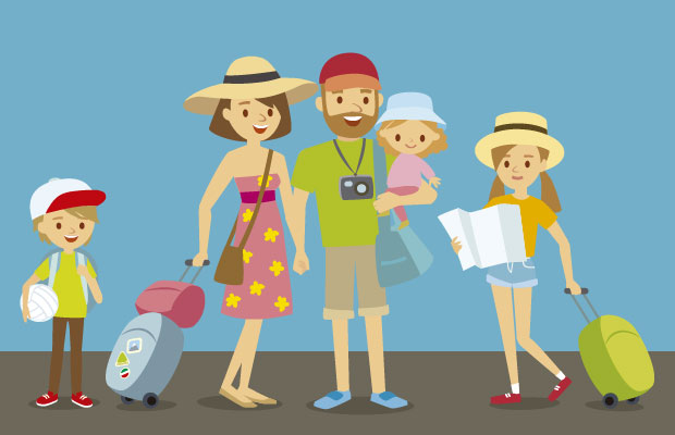 Familia Padres Hijos Papá Mamá Niñas Niño Maletas Vacaciones