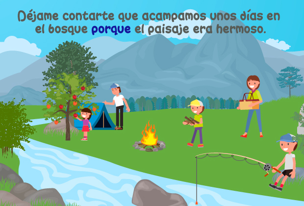 Campamento, campaña, carpa, pescar, montañas, fogata, árbol, manzanas, cortar, comer, comida, canasta, madre, padre, familia, hijos