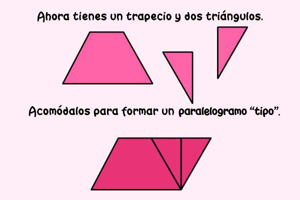Ahora tienes un trapecio y dos triángulos. Acomódalos para formar un romboide.