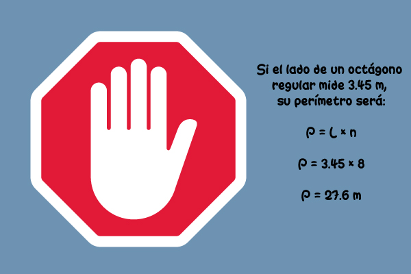 Si el lado de un octágono regular mide 3,45m, su perímetro será: P = 3,45 x 8 = 27,6cm
