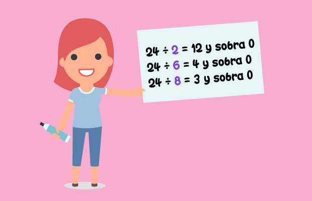 24 entre 2 igual a 12 y sobra 0, 24 entre 6 igual a 4 y sobra 0, 24 entre 8 igual a 3 y sobra 0, 8 entre 1 igual a 8 y sobra 0