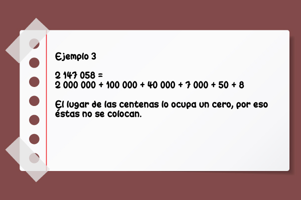 Ejemplo 3: 2 147 058 = 2 000 000 + 100 000 + 40 000 + 7 000 + 50 + 8