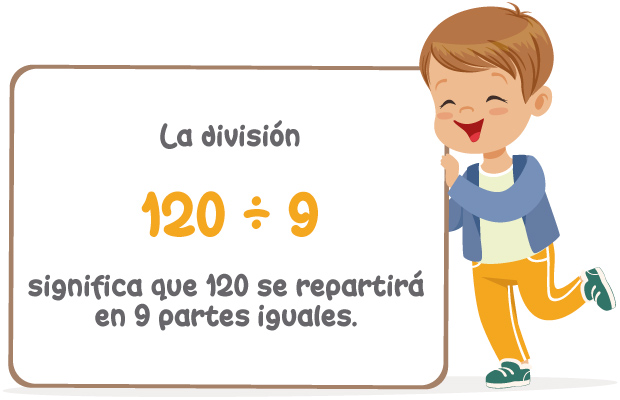 La división 120 ÷ 9 significa que 120 se repartirá en 9 partes iguales.
