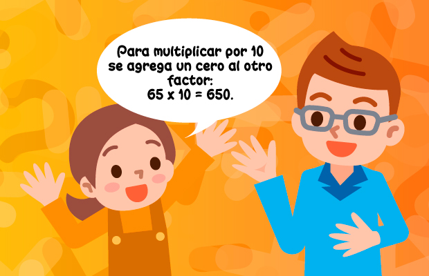 Para multiplicar por 10 se agrega un cero al otro factor: 65 x 10 = 650.
