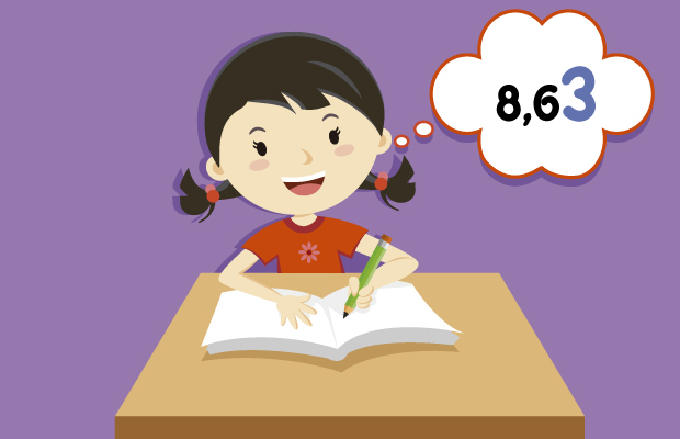 Niña pensando en el número decimal 8.63, resaltando el 3 de los centésimos