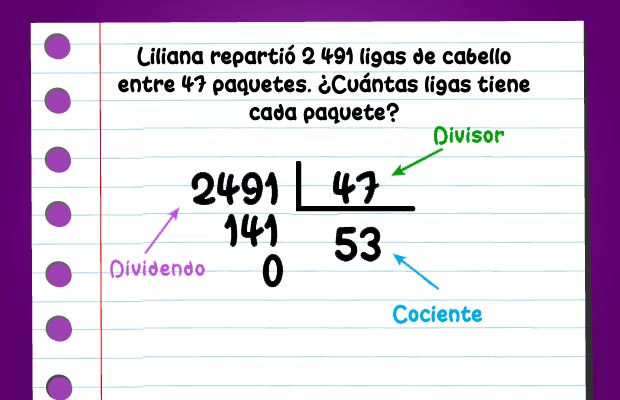 Liliana repartió 2.491 ligas de cabello entre 47 paquetes. ¿Cuántas ligas tiene cada paquete?