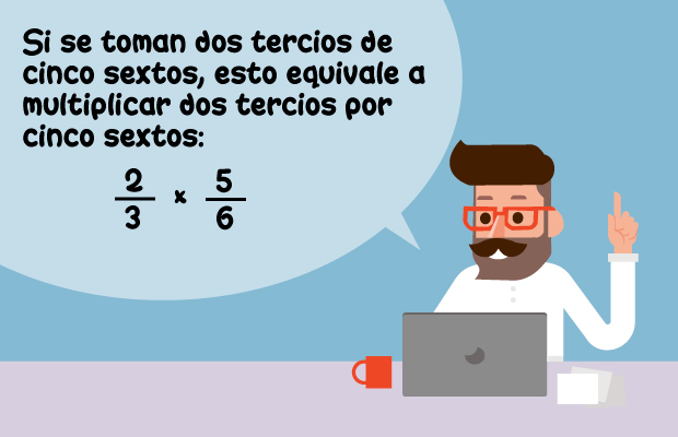 Si se toman dos tercios de cinco sextos, esto equivale a multiplicar dos tercios por cinco sextos: 2/3 por 5/6