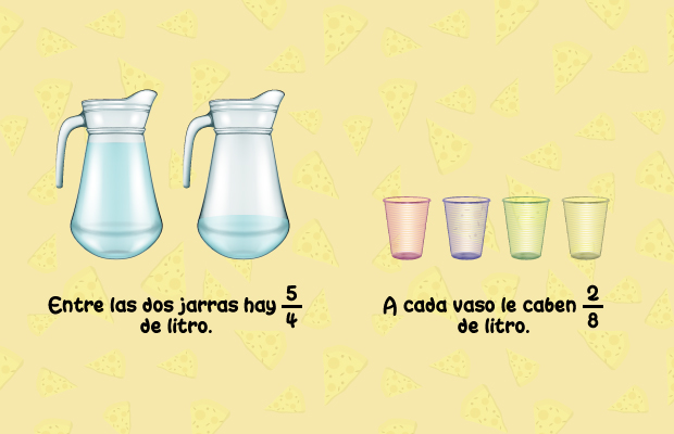Entre las dos jarras hay cinco cuartos de litro, A cada vaso le caben dos octavos de litro