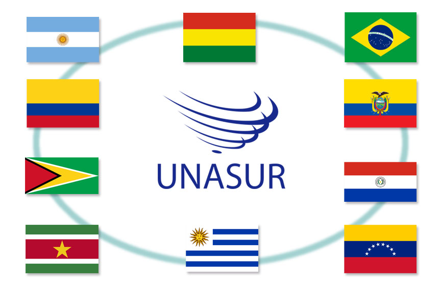 Logotipo UNASUR, paises integrantes, banderas, Argentina, Bolivia, Brasil, Chile, Colombia, Ecuador, Guayana, Paraguay, Perú, Surinam, Uruguay y Venezuela
