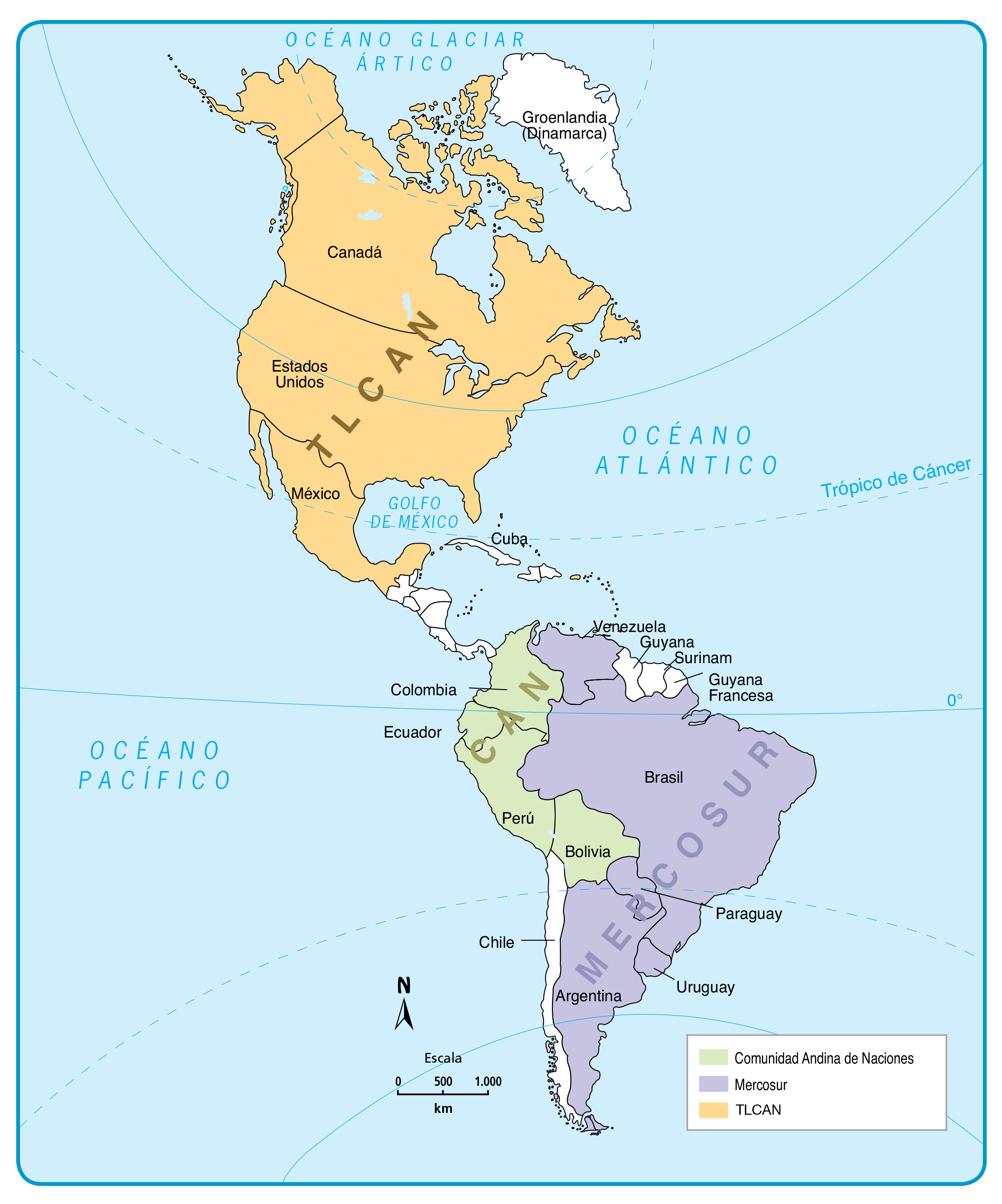 Mapa, tratados económicos, bloques, TLCAN, CAN. MERCOSUR