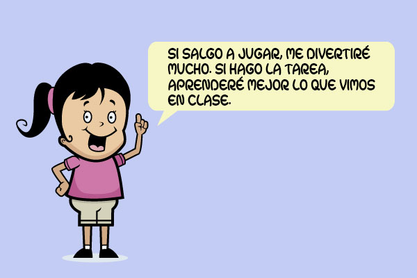 NIÑA PENSANDO: "SI SALGO A JUGAR, ME DIVERTIRÉ MUCHO. SI HAGO LA TAREA, APRENDERÉ MEJOR LO QUE VIMOS EN CLASE."