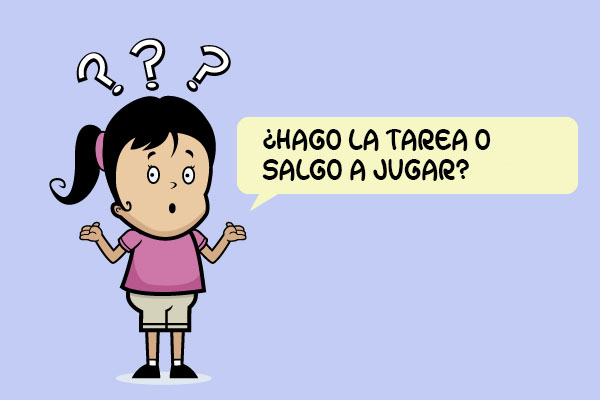 NIÑA PREGUNTÁNDOSE: "¿HAGO LA TAREA O SALGO A JUGAR?"