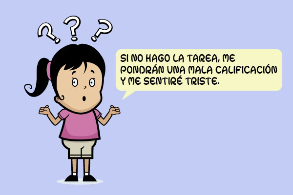NIÑA REFLEXIONANDO: "SI NO HAGO LA TAREA, ME PONDRÁN UNA MALA CALIFICACIÓN Y ME SENTIRÉ TRISTE."