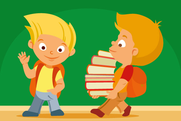 Un niño saludnaod y otro niño cargando varios libros