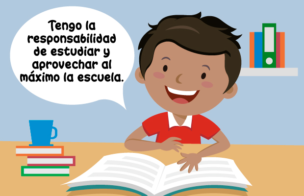 Niño estudiando, dice: "Tengo la responsabilidad de estudiar y aprovechar al máximo la escuela."